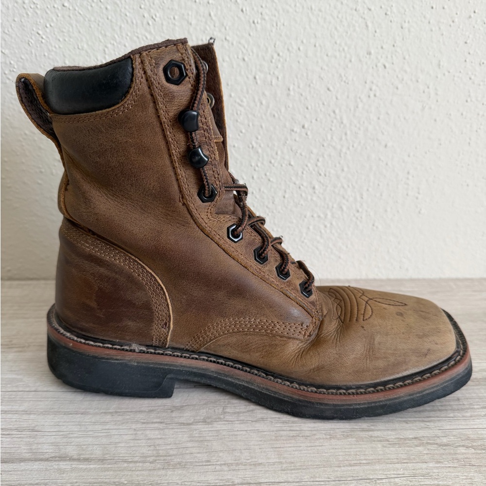 Justin Mens Pulley Brown Steel Toe Lace Up Western Work Boots SE682 size 6D - Picture 10 of 15